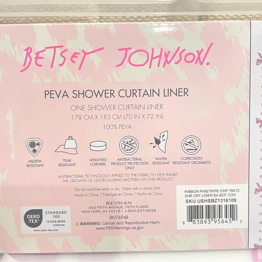 NEW Betsey Johnson Pink Ribbon Pinstripe PEVA‎ Shower Curtain Liner 70x72